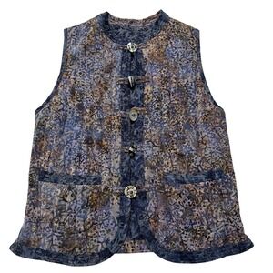 VTG Reversible Quilted Batik Vest M Blue Purple Boho Art to Wear Shell Buttons